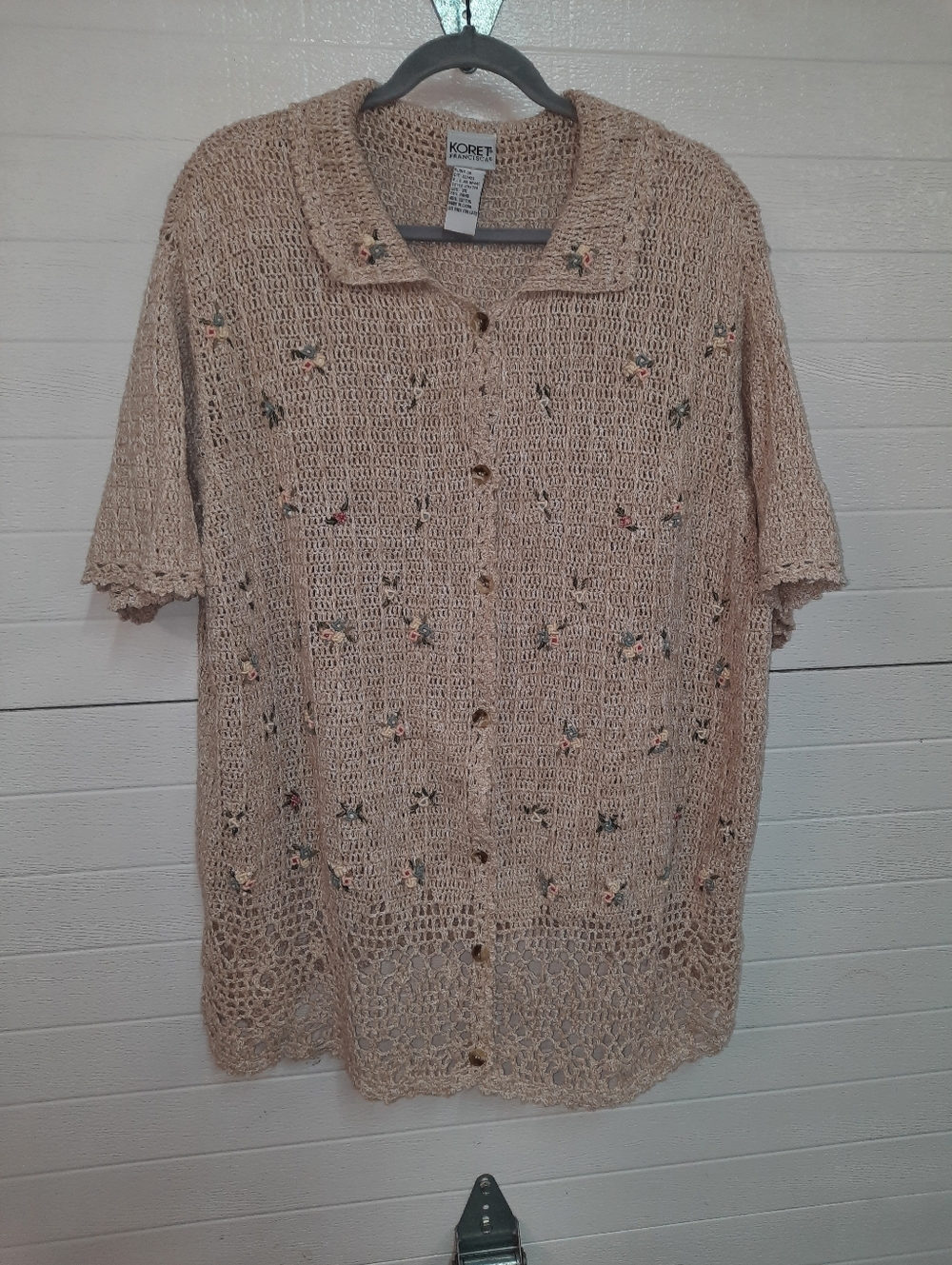 Koret Beige Open-Weave Button Front Cardigan with Tiny Floral Embroidery